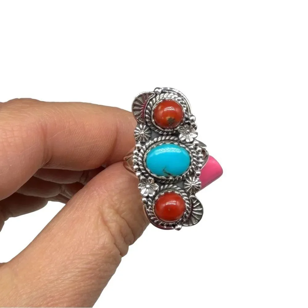Kingman Turquoise Italian Red Coral Ring Size 7 Solid 925 Sterling Silver